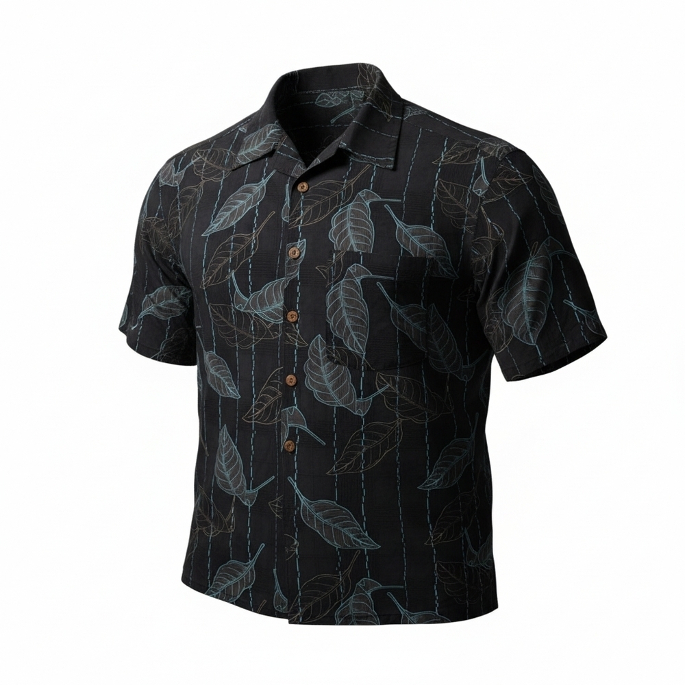 Banana Cabana Hawaiian Black Tropical Leaf Silk Button Down Shirt Size Large